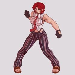 Rule 34 | 1girl, breasts, gloves, highres, lipstick, makeup, matching hair/eyes, mature female, muscular, muscular female, navel, necktie, red eyes, red hair, snk, the king of fighters, vanessa (kof)
