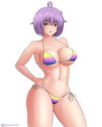 Rule 34 | 1girl, artist name, bikini, blanco2k1, breasts, cleavage, green eyes, hand on own hip, highres, large breasts, legs, looking at viewer, navel, open mouth, purple hair, shaded face, short hair, solo, swimsuit, thick thighs, thighs, yukino akaihi, yukino memories