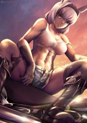 Rule 34 | 1girl, abs, absurdres, animal ears, arm warmers, bare shoulders, black footwear, black hairband, black thighhighs, blue eyes, body markings, boots, breasts, caenis (fate), cleavage, cloud, cloudy sky, collarbone, commentary, crop top, dark-skinned female, dark skin, denim, denim shorts, fate/grand order, fate (series), glint, gloves, groin, hair between eyes, hair intakes, hairband, highres, jewelry, knee boots, large breasts, leather, leather gloves, looking at viewer, midriff, navel, necklace, open fly, outdoors, parted lips, queasy s, short shorts, shorts, sidelocks, sitting, sky, smile, solo, strap slip, sunset, tank top, thighhighs, torn clothes, torn thighhighs, towel, twitter username, white hair, white towel