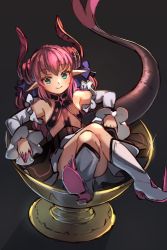 Rule 34 | 1girl, bare shoulders, black dress, blue ribbon, blush, boots, chalice, closed mouth, commentary request, crossed legs, cup, curled horns, detached sleeves, dragon girl, dragon horns, dragon tail, dress, elizabeth bathory (fate), elizabeth bathory (fate/extra ccc), elizabeth bathory (first ascension) (fate), fate/extra, fate/extra ccc, fate (series), green eyes, grey background, hair between eyes, hair ribbon, highres, horns, knee boots, long hair, long sleeves, looking at viewer, miya (miyaruta), pointy ears, red hair, ribbon, sleeveless, sleeveless dress, sleeves past wrists, smile, solo, spiked boots, tail, two side up, white footwear, white sleeves