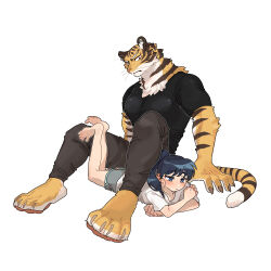 Rule 34 | 1boy, 1girl, animal ears, animal feet, black shirt, blue eyes, body fur, brown eyes, brown fur, brown pants, claws, closed mouth, commentary request, dolphin shorts, ear piercing, full body, furry, furry male, grey shorts, highres, large hands, looking at another, lying, on stomach, orange fur, original, pants, piercing, rata (norahasu), shirt, short sleeves, shorts, simple background, sitting, t-shirt, tail, tiger boy, tiger ears, tiger tail, whiskers, white background, white shirt