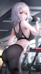 Rule 34 | 1girl, ahoge, ass, back, bare shoulders, black gloves, blush, bottle, breasts, drinking, from behind, from side, gloves, gym, highres, holding, holding bottle, large breasts, leg belt, looking at viewer, looking back, no panties, original, oyuwari, pants, red eyes, short hair, sideboob, solo, sports bra, sweat, water, white hair, yoga pants