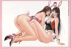 Rule 34 | 2girls, :d, all fours, animal ears, ankle strap, arm grab, arm support, ass, back, bare arms, bare legs, bare shoulders, black hair, black panties, bow, bowtie, breasts, brown eyes, brown hair, character name, cleavage, covered erect nipples, crossed legs, detached collar, earrings, fake animal ears, female focus, fingernails, g-taste, girl on top, high heels, highleg, highleg panties, highres, hoop earrings, hoshino mayu, jewelry, kneeling, konno ayaka, large breasts, legs, leotard, lips, lipstick, long fingernails, long hair, long legs, looking at viewer, looking back, makeup, midriff, multiple girls, nail polish, navel, open mouth, panties, pink high heels, pink leotard, pink lips, playboy bunny, rabbit ears, rabbit tail, red footwear, red lips, red nails, shoe soles, shoes, sideboob, sitting, smile, strapless, tail, underwear, very long hair, vest, wrist cuffs, yagami hiroki, yuri