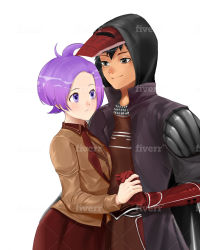 Rule 34 | anabel (pokemon), antenna hair, ash ketchum, bastila shan, black hair, bracer, cosplay, costume request, cowboy shot, creatures (company), eye contact, fiverr, game freak, gloves, holding hands, highres, hood, hoodie, long sleeves, looking at another, nintendo, pokemon, pokemon (anime), pokemon rse (anime), purple eyes, purple hair, red gloves, revan, short hair, skirt, smile, star wars, star wars: knights of the old republic, white background