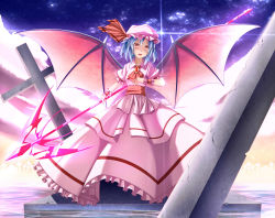 Rule 34 | 1girl, :d, ascot, bat wings, blue hair, cross, dress, fang, full body, hat, hat ribbon, highres, looking at viewer, mob cap, mujina tanuki, open mouth, pink dress, puffy short sleeves, puffy sleeves, red eyes, red ribbon, remilia scarlet, ribbon, shaded face, short hair, short sleeves, skirt, skirt set, smile, solo, spear the gungnir, touhou, wings, wrist cuffs