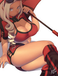 Rule 34 | 1girl, arm support, blonde hair, breasts, brown eyes, cleavage, dark-skinned female, dark skin, eyewear on head, female focus, large breasts, long hair, looking at viewer, original, race queen, shirt, simple background, solo, sunglasses, takayanagi katsuya, taut clothes, taut shirt, thighs, umbrella, white background