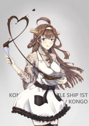 Rule 34 | 1girl, absurdres, ahoge, alternate costume, apron, bowl, breasts, brown hair, chocolate, cowboy shot, diablo010059, double bun, grey sweater, hair bun, hairband, headgear, highres, holding, holding bowl, kantai collection, kongou (kancolle), large breasts, long hair, long sleeves, purple eyes, smile, solo, standing, sweater, tongue, tongue out, turtleneck, turtleneck sweater, valentine, white apron