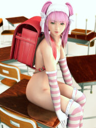 Rule 34 | 1girl, 3d, backpack, bag, desk, elbow gloves, flat chest, gloves, green eyes, incise soul, m-rs, nude, pink hair, randoseru, ribbon, solo, thighhighs, twintails