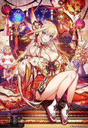 Rule 34 | 1girl, age of ishtaria, bare shoulders, blonde hair, blue eyes, blush, braid, breasts, bug, butterfly, cleavage, clothing request, company name, copyright notice, full body, hair ornament, head tilt, highres, insect, japanese clothes, kimono, large breasts, legs together, long hair, looking at viewer, meru (age of ishtaria), munlu (wolupus), nail polish, off shoulder, official art, open mouth, round window, sandals, single braid, sitting, sky, slippers, smile, socks, solo, star (sky), starry sky, window, zouri