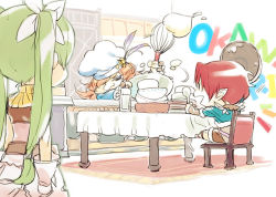 Rule 34 | 1girl, 2boys, :d, akiyoshi haru, blonde hair, bowl, chair, chef, chef hat, chibi, cooking, cup, doug (rune factory), dwarf, closed eyes, feathers, fingerless gloves, food, frey (rune factory), from behind, fur trim, glass, gloves, hair over one eye, hat, hat feather, legs up, long hair, multiple boys, open mouth, pointy ears, porcoline de sainte-coquille, red hair, rune factory, rune factory 4, shorts, sitting, sleeveless, smile, spoon, table, twintails, whisk