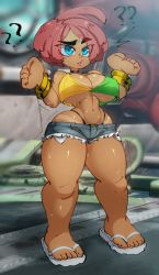 Rule 34 | 1girl, arc system works, blue eyes, bra, bracelet, breasts, choker, dark-skinned female, dark skin, giovanna (guilty gear), guilty gear, guilty gear strive, highres, jellot, jewelry, large breasts, red hair, sandals, shorts, sweat, tan, tanline, thick thighs, thighs, thong, underwear, wide hips