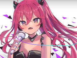 Rule 34 | 1girl, ahoge, bare shoulders, blue nails, blush, breasts, choker, detached collar, dot nose, fake horns, fang, frills, goma (u p), grace (sound voltex), hair between eyes, headphones, holding, holding microphone, horns, long hair, looking at viewer, microphone, multicolored eyes, music, nail polish, open mouth, pink eyes, pink hair, portrait, simple background, singing, small breasts, solo, sound voltex, string, string around finger, tagme, triangle, twintails, white background