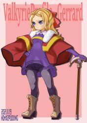Rule 34 | 1girl, blonde hair, blue eyes, bow, breasts, cape, closed mouth, dated, dress, full body, gloves, highres, jelanda, long hair, panties, panties under pantyhose, pantyhose, puddinghomhom, purple skirt, skirt, small breasts, solo, staff, underwear, valkyrie profile (series), weapon