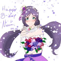 Rule 34 | 1girl, artist name, artist request, bare shoulders, blue ribbon, blush, bouquet, bow, breasts, choker, cleavage, collarbone, crown, dress, female focus, flower, green eyes, hair bow, hair ornament, hair scrunchie, jewelry, kattalinnha, long hair, looking at viewer, love live!, love live! school idol festival, love live! school idol project, medium breasts, mini crown, necklace, parted lips, pearl necklace, purple bow, purple dress, purple hair, ribbon, scrunchie, smile, solo, striped, striped bow, tojo nozomi, twintails, white background, white choker, white scrunchie