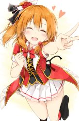 Rule 34 | 10s, 1girl, :d, ^ ^, bad id, bad twitter id, bokura no live kimi to no life, bow, bowtie, closed eyes, facing viewer, heart, kosaka honoka, leg up, love live!, love live! school idol project, open mouth, orange hair, outstretched arm, pleated skirt, red bow, red bowtie, shiina kuro, short sleeves, side ponytail, skirt, smile, solo, standing, v