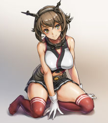 Rule 34 | 10s, 1girl, bare shoulders, between legs, black skirt, breasts, brown hair, closed mouth, flipped hair, full body, gloves, gradient background, green eyes, grey background, hair between eyes, hand between legs, headgear, kantai collection, kneehighs, kneeling, large breasts, leaning forward, looking at viewer, metal belt, midriff, mutsu (kancolle), pleated skirt, red socks, short hair, skirt, smile, socks, solo, striped clothes, striped socks, wan89, white gloves