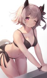 Rule 34 | 1girl, ;), absurdres, animal ears, bikini, black bikini, bow, breasts, cleavage, collarbone, curren chan (umamusume), ear bow, ear covers, grey hair, hazuki lime, highres, horse ears, horse tail, looking at viewer, medium breasts, navel, one eye closed, pink eyes, red bikini, short hair, simple background, smile, solo, striped, striped bow, swimsuit, tail, thigh gap, thighs, two-tone bikini, umamusume, wet, white background