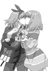 2girls bag go-toubun_no_hanayome greyscale hair_ribbon highres holding holding_bag holding_thermos jacket kiss lunchbox medium_hair monochrome multiple_girls nakano_nino nakano_yotsuba pants profile ribbon shirt siblings simple_background sisters thermos track_jacket track_pants twitter_username white_background yu_(flowerbird3830)