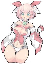 Rule 34 | 1girl, ahoge, bare shoulders, belt, blue eyes, blush, breasts, buttons, cleavage, clover, collar, cosplay, dizzy (guilty gear), dizzy (guilty gear) (cosplay), elphelt valentine, enpe, four-leaf clover, guilty gear, guilty gear xrd, hairband, highres, huge ahoge, large breasts, long sleeves, navel, open mouth, panties, pink hair, puffy long sleeves, puffy sleeves, short hair, simple background, solo, spikes, stomach, thick thighs, thigh gap, thighhighs, thighs, underwear, white background, white collar, white panties, wide sleeves