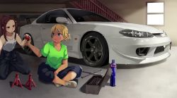 Rule 34 | 2girls, :d, blonde hair, brown eyes, brown hair, can, car, closed mouth, collarbone, day, drink can, forehead, funyariko, garage, green shirt, hair ornament, hairclip, holding, indian style, indoors, jumpsuit, kneeling, light smile, looking at another, motor vehicle, multiple girls, nissan, nissan s15 silvia, nissan silvia, open mouth, original, shirt, short sleeves, sidelocks, sitting, smile, soda can, stairs, sweat, t-shirt, tan, toolbox, vehicle focus, window