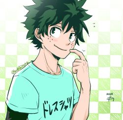 Rule 34 | 1boy, black hair, boku no hero academia, buthikireta, checkered background, collarbone, commentary request, flying sweatdrops, freckles, from side, green eyes, green hair, green shirt, hand up, looking at viewer, male focus, midoriya izuku, multicolored hair, scratching cheek, shirt, short sleeves, smile, solo, translation request, two-tone hair, upper body