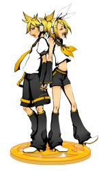 Rule 34 | 1boy, 1girl, back-to-back, bad id, bad pixiv id, blonde hair, blue eyes, brother and sister, closed eyes, hair ornament, hair ribbon, hairclip, headphones, hetero, holding hands, kagamine len, kagamine rin, kana (mega1231), midriff, necktie, open mouth, ribbon, short hair, siblings, simple background, smile, twins, vocaloid, yellow necktie