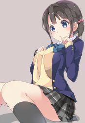 Rule 34 | 10s, 1girl, arched back, black socks, blouse, blue eyes, blush, bow, bowtie, brown background, brown hair, chikuwa., clenched hands, kneehighs, knees together feet apart, kokoro connect, long hair, mole, mole under mouth, nagase iori, plaid, plaid skirt, school uniform, scrunchie, shirt, side ponytail, simple background, sitting, skirt, sleeves past wrists, socks, solo, sweat, white shirt