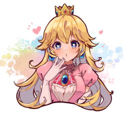 Rule 34 | 1girl, blonde hair, blue eyes, blush, breasts, crown, dress, earrings, gem, gloves, hair between eyes, hand to own mouth, heart, heart-shaped pupils, jewelry, long hair, mario (series), medium breasts, mini crown, nachoz (nachozart), nintendo, pink dress, princess peach, puckered lips, puffy short sleeves, puffy sleeves, short sleeves, solo, super mario bros. 1, symbol-shaped pupils, upper body, white background, white gloves