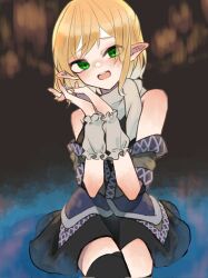 Rule 34 | 1girl, bare shoulders, black skirt, black thighhighs, blonde hair, brown jacket, cowboy shot, green eyes, highres, jacket, looking at viewer, mizuhashi parsee, natomaki, open mouth, pointy ears, scarf, short hair, short sleeves, skirt, solo, thighhighs, touhou, white scarf