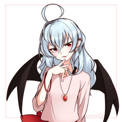 Rule 34 | 1girl, ahoge, alternate costume, artist name, bat wings, black wings, blue hair, casual, commentary request, hair between eyes, hand up, head tilt, jewelry, kameyan, long hair, looking at viewer, necklace, pendant, pointy ears, red eyes, remilia scarlet, sash, simple background, smile, solo, touhou, upper body, white background, wings