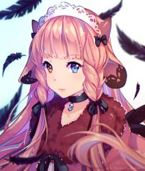 Rule 34 | 1girl, artist name, black feathers, black ribbon, blue eyes, blue gemstone, blunt bangs, blush, borrowed character, braid, choker, collarbone, commission, dress, feathers, gem, hair ribbon, hairband, heterochromia, horns, hyanna-natsu, jewelry, light smile, long hair, looking at viewer, maid headdress, original, pink hair, red dress, red eyes, ribbon, simple background, solo, twin braids, upper body, white background