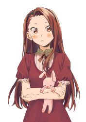 Rule 34 | 1girl, absurdres, black hairband, blush, bow hairband, brown eyes, brown hair, closed mouth, cowboy shot, hugging doll, dress, forehead, hairband, highres, hinakoro (b pxxb), idolmaster, idolmaster (classic), long hair, looking at viewer, minase iori, hugging object, puffy short sleeves, puffy sleeves, red dress, short sleeves, solo, stuffed toy, white background