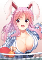 Rule 34 | 1girl, alternate costume, animal ears, ball, breasts, cleavage, gradient background, hisae (hisae collect), large breasts, long hair, looking at viewer, open mouth, pink hair, rabbit ears, rabbit girl, red eyes, reisen udongein inaba, sidelocks, solo, striped, table tennis ball, touhou, upper body, white background