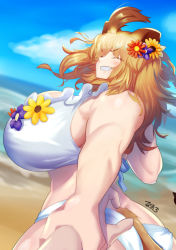 Rule 34 | 1girl, alternate breast size, animal ears, ass, beach, bikini, blonde hair, blurry, blurry background, breasts, brown hair, closed eyes, curvy, day, dutch angle, eyes visible through hair, facing viewer, floating hair, flower, flower bikini, foreshortening, frilled bikini, frilled swimsuit, frills, from side, gigantic breasts, grin, hair flower, hair ornament, highres, holding another&#039;s wrist, impossible clothes, impossible swimsuit, kemono friends, lion (kemono friends), lion ears, lion girl, lion tail, long hair, multicolored hair, muscular, muscular female, naochi (bobi8081), ocean, official alternate costume, outdoors, outstretched arm, parted bangs, pov, pov hands, pulling, sand, smile, solo focus, swimsuit, tail, twisted torso, two-tone hair, upper body, v-shaped eyebrows, water, white bikini