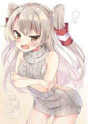 Rule 34 | 10s, 1girl, amatsukaze (kancolle), angry, aran sweater, backless outfit, bare back, blush, breasts, brown eyes, cable knit, fang, grey sweater, highres, irone (miyamiya38), kantai collection, long hair, looking at viewer, meme attire, naked sweater, open mouth, rensouhou-kun, silver hair, sweater, turtleneck, turtleneck sweater, two side up, virgin killer sweater