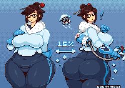 Rule 34 | !, 1girl, :o, ass, breasts, brown eyes, brown hair, clothes, countmoxi, glasses, hair bun, highres, huge ass, huge breasts, long hair, looking at viewer, looking back, mei (overwatch), open mouth, overwatch, overwatch 1, pixel art, plump, robot, single hair bun, smile, solo, weapon