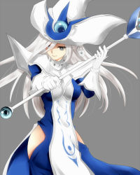 Rule 34 | 1girl, armor, bad id, bad pixiv id, blue eyes, cowboy shot, duel monster, foreshortening, gloves, hat, hijiri-tukasa, hip vent, long hair, looking at viewer, pauldrons, shoulder armor, silent magician, silver hair, smile, solo, staff, tabard, white gloves, wizard hat, yu-gi-oh!