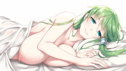 Rule 34 | 1girl, aqua eyes, asutora, bed sheet, breasts, closed mouth, commentary request, fingernails, green hair, hair tubes, highres, huge breasts, kochiya sanae, long hair, looking at viewer, lying, nipples, nude, on bed, on side, pillow, pov across bed, simple background, smile, solo, touhou, under covers, white background