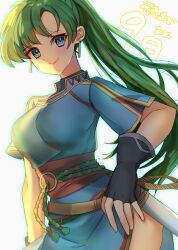 Rule 34 | 1girl, black gloves, black shirt, blue dress, blue eyes, blush, breasts, commentary request, cowboy shot, dress, earrings, edamameoka, eyelashes, fingerless gloves, fire emblem, fire emblem: the blazing blade, gloves, green hair, high ponytail, highres, jewelry, large breasts, leaning to the side, long hair, looking at viewer, lyn (fire emblem), nintendo, pelvic curtain, ponytail, rope belt, sash, sheath, sheathed, shiny skin, shirt, short sleeves, side slit, smile, solo, translation request, undershirt