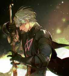 Rule 34 | 1boy, aqua hair, arm up, armor, black cape, blood, blood on clothes, bloody weapon, byleth (fire emblem), byleth (male) (fire emblem), cape, closed mouth, fire emblem, fire emblem: three houses, gauntlets, green eyes, haban (haban35), highres, holding, holding sword, holding weapon, light particles, long sleeves, looking away, looking down, male focus, nintendo, profile, short hair, shoulder armor, solo, sword, sword of the creator, upper body, weapon