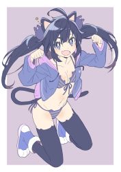 Rule 34 | 1girl, :d, absurdres, ahoge, animal ears, bell, bikini, black thighhighs, blush, border, breasts, bright pupils, cat ear bikini, cat ears, cat hair ornament, cat tail, copyright request, donguri suzume, dot nose, ear piercing, fang, fingernails, floating hair, front-tie bikini top, front-tie top, full body, grey background, grey eyes, grey hair, hair ornament, halterneck, highres, hood, hood down, hooded jacket, jacket, jingle bell, kneeling, light blush, long hair, long sleeves, looking at viewer, mole, mole on breast, mole under eye, nail polish, navel, open clothes, open jacket, open mouth, paw pose, paw shoes, piercing, purple bikini, purple jacket, red nails, side-tie bikini bottom, simple background, skin fang, small breasts, smile, solo, striped bikini, striped clothes, swimsuit, tail, thighhighs, twintails, white border