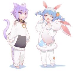 Rule 34 | 2girls, :3, ;o, adapted costume, aged down, ahoge, amana (pocketkey), animal ear fluff, animal ears, arms at sides, barefoot, blue hair, bow, braid, carrot hair ornament, cat ears, cat girl, child, clenched hand, collar, commentary request, don-chan (usada pekora), food-themed hair ornament, hair bow, hair ornament, hands up, highres, hololive, long hair, long sleeves, looking at viewer, messy hair, multicolored hair, multiple girls, neck ribbon, nekomata okayu, no shoes, o-ring, one eye closed, open mouth, oversized clothes, pajamas, pants, pants rolled up, pocket, purple eyes, purple hair, rabbit ears, rabbit girl, red eyes, ribbon, shirt, short hair, sidelocks, simple background, sleepy, sleeves past wrists, socks, standing, stuffed animal, stuffed rabbit, stuffed toy, tail, tears, twin braids, twintails, two-tone hair, usada pekora, virtual youtuber, white background, white bow, white footwear, white hair, white pants, white shirt, yawning