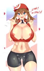 Rule 34 | 1girl, bandana, bare arms, bike shorts, blue eyes, blush, border, breasts, brown hair, cameltoe, cleavage, collarbone, cowboy shot, creatures (company), game freak, gluteal fold, hair between eyes, highres, holding, holding clothes, holding underwear, huge breasts, looking at viewer, may (pokemon), midriff, navel, nintendo, nipple slip, nipples, open mouth, pokemon, pokemon rse, pussy juice, sana!rpg, sidelocks, smile, solo, standing, teeth, text focus, thong, tongue, underwear, upper teeth only, vest, white border
