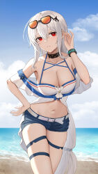 Rule 34 | 1girl, absurdres, arknights, bare shoulders, beach, belt, black choker, blue shorts, blue sky, choker, cloud, cowboy shot, day, eyewear on head, hand up, highres, infection monitor (arknights), long hair, midriff, navel, nyanko960121, ocean, off-shoulder shirt, off shoulder, official alternate costume, orca hair ornament, red eyes, shirt, short shorts, short sleeves, shorts, skadi (arknights), skadi (waverider) (arknights), sky, solo, standing, stomach, sunglasses, thigh strap, thighs, very long hair, water, white belt, white hair, white shirt