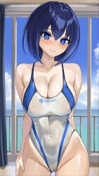 1girl arms_at_sides black_hair blue_eyes blue_sky breasts cleavage clothes_writing cloud commentary_request competition_swimsuit cowboy_shot dolphin_wave gluteal_fold highleg highleg_one-piece_swimsuit highres large_breasts one-piece_swimsuit short_hair sky solo swimsuit taraba_(redkingtaraba) tojou_michiru two-tone_swimsuit wet wet_clothes wet_swimsuit white_one-piece_swimsuit