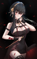 Rule 34 | 1girl, bad id, bad twitter id, bare arms, bare shoulders, black background, black gloves, black hair, black thighhighs, blood, blood on face, bloody weapon, breasts, cleavage, commentary, cowboy shot, dress, ema (kuguiema), fingerless gloves, gloves, hair between eyes, hairband, highres, holding, holding weapon, large breasts, long hair, looking at viewer, red eyes, reverse grip, sidelocks, simple background, smile, solo, spy x family, standing, thighhighs, two-sided dress, two-sided fabric, weapon, yor briar