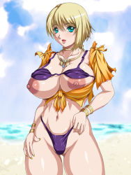 Rule 34 | 1girl, aqua eyes, areola slip, bikini, blonde hair, breasts, huge breasts, jewelry, necklace, nipples, short hair, snk, solo, swimsuit, the king of fighters, water beryl