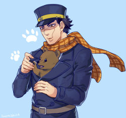 Rule 34 | 1boy, animal, animal in clothes, bear, black hair, blue jacket, brown eyes, brown fur, buttons, facial scar, fingernails, foxvulpine, golden kamuy, grey hat, hat, imperial japanese army, jacket, kepi, lips, long sleeves, male focus, military, military hat, military uniform, scar, scar on cheek, scar on face, scar on mouth, scar on nose, scarf, sharp fingernails, short hair, simple background, solo, sugimoto saichi, uniform, upper body, yellow hat, yellow scarf