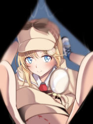 Rule 34 | 2girls, bite mark, blonde hair, blood, blue background, brown jacket, collared shirt, deerstalker, female focus, gawr gura, hair ornament, hat, highres, hololive, hololive english, jacket, legs, looking at viewer, magnifying glass, multiple girls, necktie, pussy, pussy juice, shark girl, shirt, shoes, short hair, simple background, sneakers, spread legs, spread pussy, virtual youtuber, watson amelia, yuetan (ssvs73608), yuri