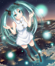 Rule 34 | 1girl, bad id, bad pixiv id, bow, dress, green eyes, green hair, hair bow, hatsune miku, long hair, looking at viewer, matching hair/eyes, open mouth, solo, thighhighs, twintails, very long hair, violetshit, vocaloid